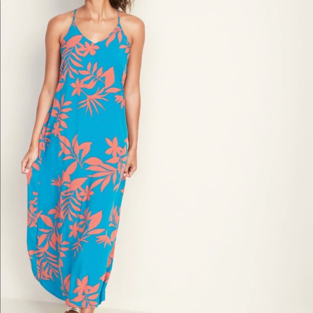 Maxi floral dress.  Coral and blue